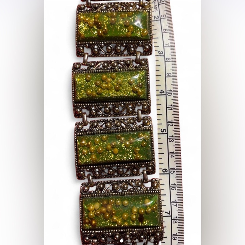Green and Gold Beaded Panel Bracelet w/Matching Earrings